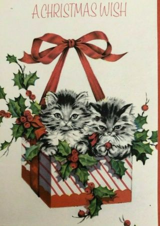 Kitty Cats Kittens In Gift Box Vintage Christmas Card Signed