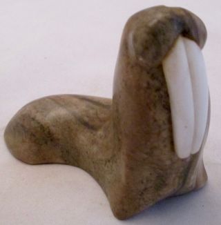 Walrus Carved All Stone With Inlaid Quartz Tusk Brown Mottled 3 3/4 Tall Vintage