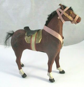 Vintage German Putz Composition Stick Leg Horse W/reins & Saddle Germany