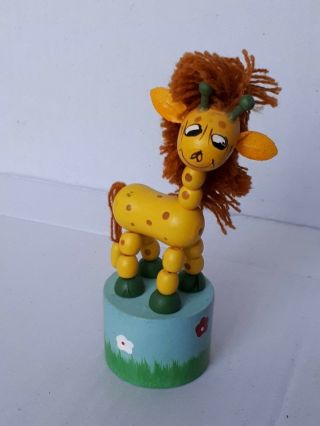 Wooden Giraffe With Mane Push Up Button Puppet Movable Jointed Game Toy 2