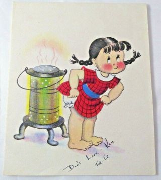 1950s Style Susie Q Norcross Merry Christmas Card Warming Fanny Kerosene Heater 2