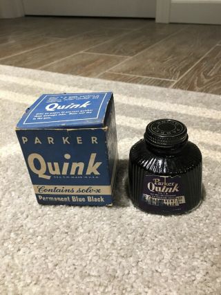 Vintage Parker Ink Quink Permanent Blue Black Full Bottle Boxed 2 Oz