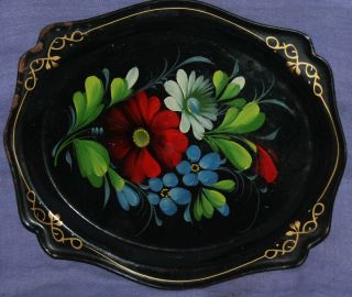 Vintage Soviet Russian Hand Painted Floral Serving Tole Tray