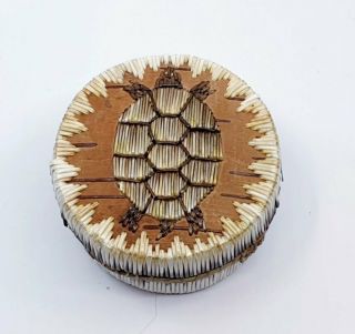 Vintage Native American Great Lakes Indian Birch Bark Quill Box Turtle Signed Jc