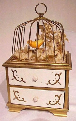 Vintage Swinging Bird In A Cage Wooden Two Drawer Musical Jewelry Trinket Box