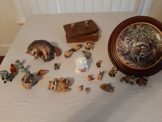 Vintage Raccoon Figurines,  Amy Brackenbury Plate,  Fenton Glass,  Ceramic Box