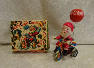 Vtg Suzuki T5 - 753 Tin Wind - Up Santa Claus Cycle Tricycle Metal Balloon Box