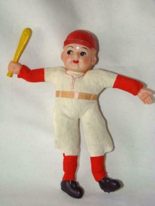 Vintage 1940s Celluloid,  Straw Stuffed 7 - 1/2 " Baseball Player Doll Holding Bat