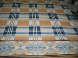 Vintage Becon Blanket Reversible - Art Deco Motif - Blue/tan Camp - Lodge - Adirondack -