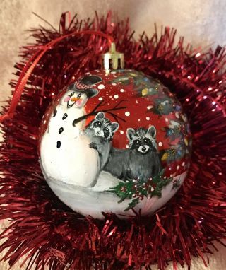 Hand Painted Shatterproof Christmas Tree Ornament 2 Raccoons Snowman Glitter