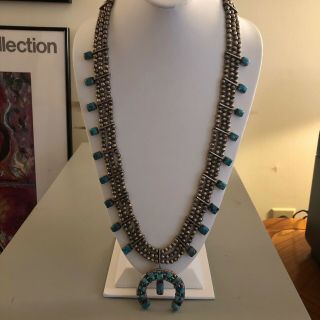 Vintage Sterling Silver & Turquoise Navajo Squash Blossom Necklace Signed Percy