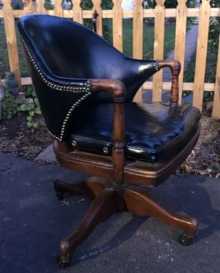 Vtg Mid Century Office Desk Chair Wood Leather Nail Trim Rolls Pomerantz Euc