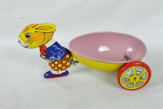 Vintage J.  Chein Tin Litho Rabbit Pulling Egg Cart Wagon Toy 7 - 3/4 " Usa Easter