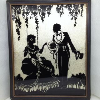 Vintage Silhouette Reverse Painting Courting Couple At Swing Gold Foil Glass