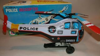 Vintage 1960s Tin Litho Wind - Up Mechanical Police Helicopter Metal Toy Korea