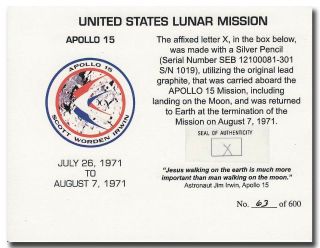 Apollo 15 : " X " Handwritten With Lunar Surface Flown Graphite Ex Irwin - 3h103