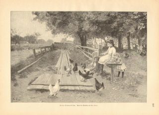 Outdoor Bowling Alley,  Farm Children,  Turkey Chickens,  1894 German Antique Print