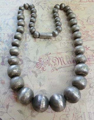 Fabulous Vtg Deco Taxco Mexican Sterling Silver Brushed Beads Pearls Necklace