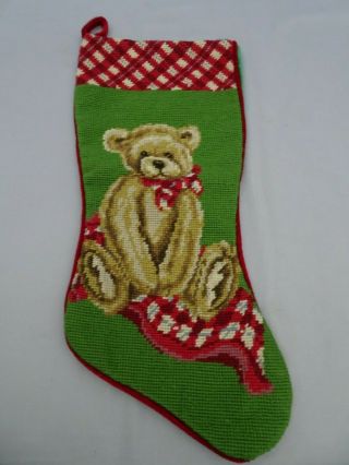 Vintage 19 " Wool Needlepoint Christmas Holiday Teddy Bear Stocking Green Velvet