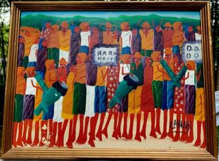 Vintage Folk Art Oil Canvas Haitian Known Artist Laurent Casimir 152 - H