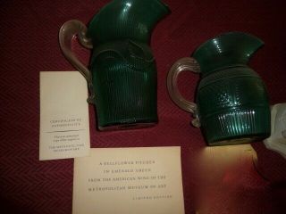 2 Vtg Mma Emerald Green Pitchers & Papers Metro Museum Of Art Bell Flower Sun Bu