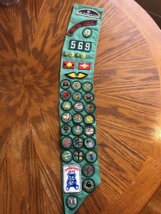 1970s Girl Scout Junior Uniform Sash With Many Vintage Badges