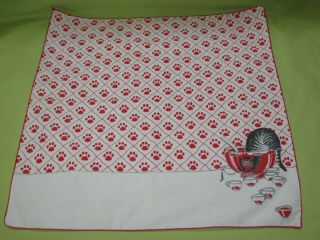 Vintage Cloth Handkerchief Kliban Black White Cat In Punch Bowl & Red Paw Prints