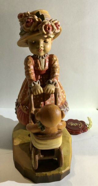 Anri Sarah Kay Little Nanny,  6 " 92/4000,  1987 Woodcarving,  Girl W/stroller & Tag
