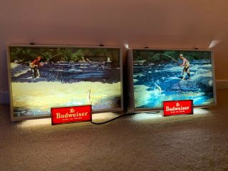 Pair Vintage 1950s Budweiser Lighted Beer Fly Fishing Guy Angler Trout Fish Sign
