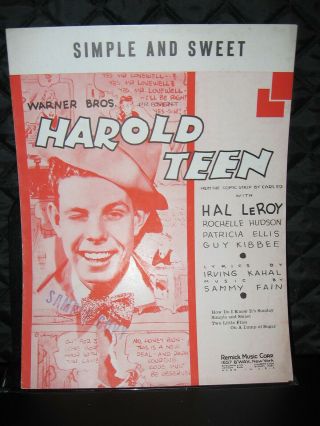 1934 Sheet Music From Comic Strip Movie " Harold Teen " - " Simple And Sweet "