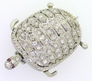 Vintage 18K WG adorable.  60CTW diamond/ruby filigree turtle brooch w/moving head 2