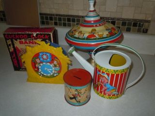 4 Ohio Art Vintage Items Banks - Spinnig Top - Watering Can