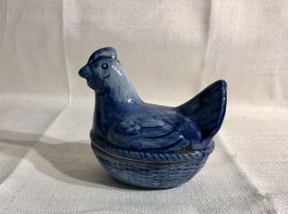 Vintage Ceramic Blue And White Hen On Nest 4”