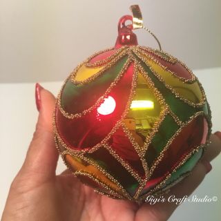 1pc Vintage Glass Christmas Tree Ball Ornament Red & Green W/gold Beads