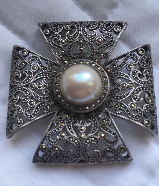 Vintage Judith Jack Sterling Marcasite Faux Pearl Maltese Cross Brooch Pin
