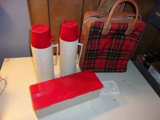 Vintage Plaid Thermos Travel Picnic Set - 2 Thermos,  Sandwich Container & Bag