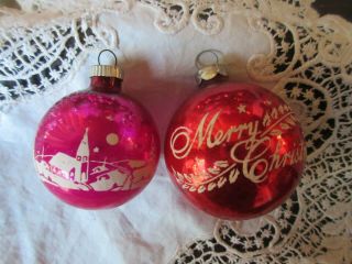 2 Vintage Glass Christmas Ornaments Shiny Brite Stencil Silent Night Pink Red