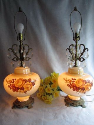 Pair Vtg Accurate Casting Iridescent Table Lamps W Prisms Flowers 3 Way Lights