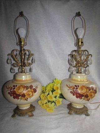 PAIR VTG ACCURATE CASTING IRIDESCENT TABLE LAMPS W PRISMS FLOWERS 3 WAY LIGHTS 2