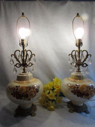 PAIR VTG ACCURATE CASTING IRIDESCENT TABLE LAMPS W PRISMS FLOWERS 3 WAY LIGHTS 3