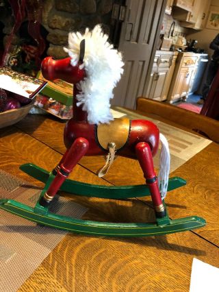 Vintage Large Wood Rocking Horse Yarn Mane Tail Christmas Table Decoration 12”