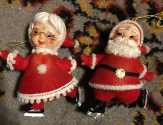 2 Vintage Christmas Santa Mrs Claus Skating Blow Mold Flocked Ornament Set Pair