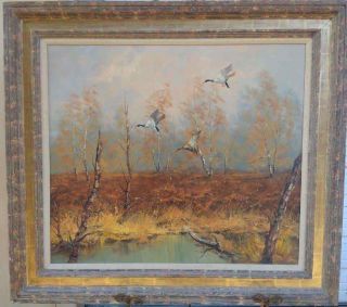 Vintage H.  Hansung 20th Century Oil Painting " Ducks In Flight "