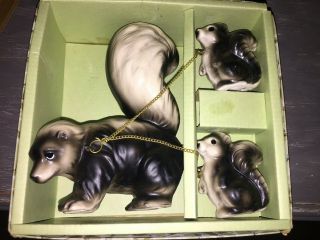 Vintage Porcelain Chained Skunk Family 1950s Mom,  2 Baby