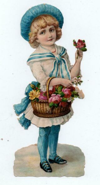 Very Large Victorian Die Cut Chromo Scrap Of Girl With Basket Of Roses