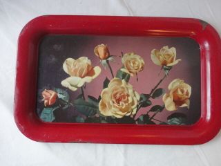 Vintage Metal Tray Serving Floral Decal Mid Century Modern,  Shabby Chick,