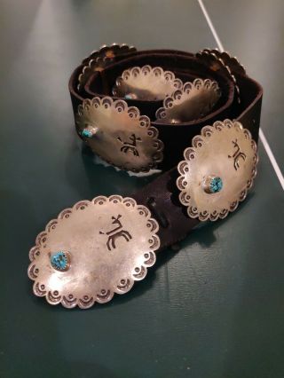 Vintage P Chee Signed Navajo Sterling Silver & Turquoise Concho Belt Jewelry Art