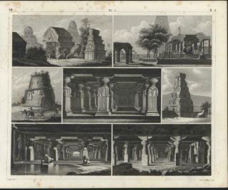 India Rock Grotto Temple Pagoda Indra 1851 Heck Antique Architecture Print