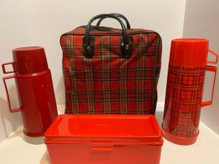 Vintage Aladdin Lunch Thermos Picnic Set Red Plaid