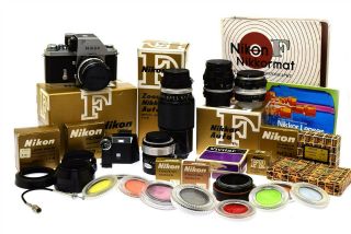 Vintage Nikon F Eye Level Slr Film Camera W/ Extra Lens And Accessories - Euc